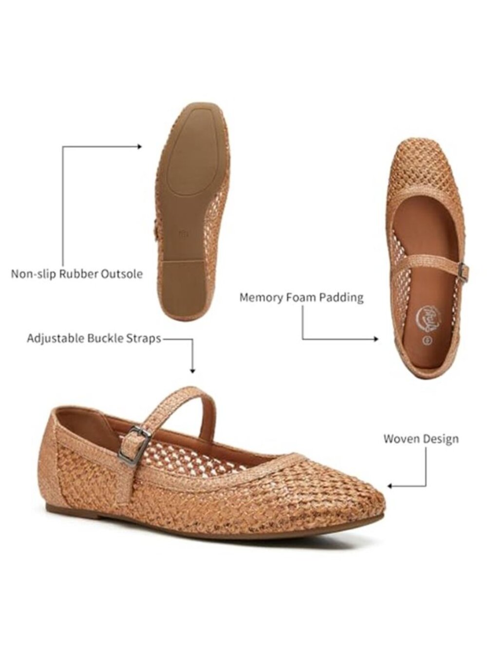 Trary Mary Jane Shoes Women Woven Flats for Women Dressy Ballet Flats Squared - Picture 6 of 7